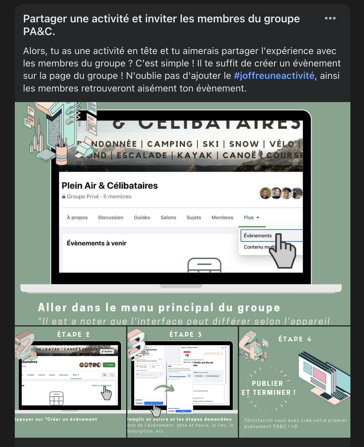 Illustration du guide Facebook montrant comment créer un événement dans le groupe