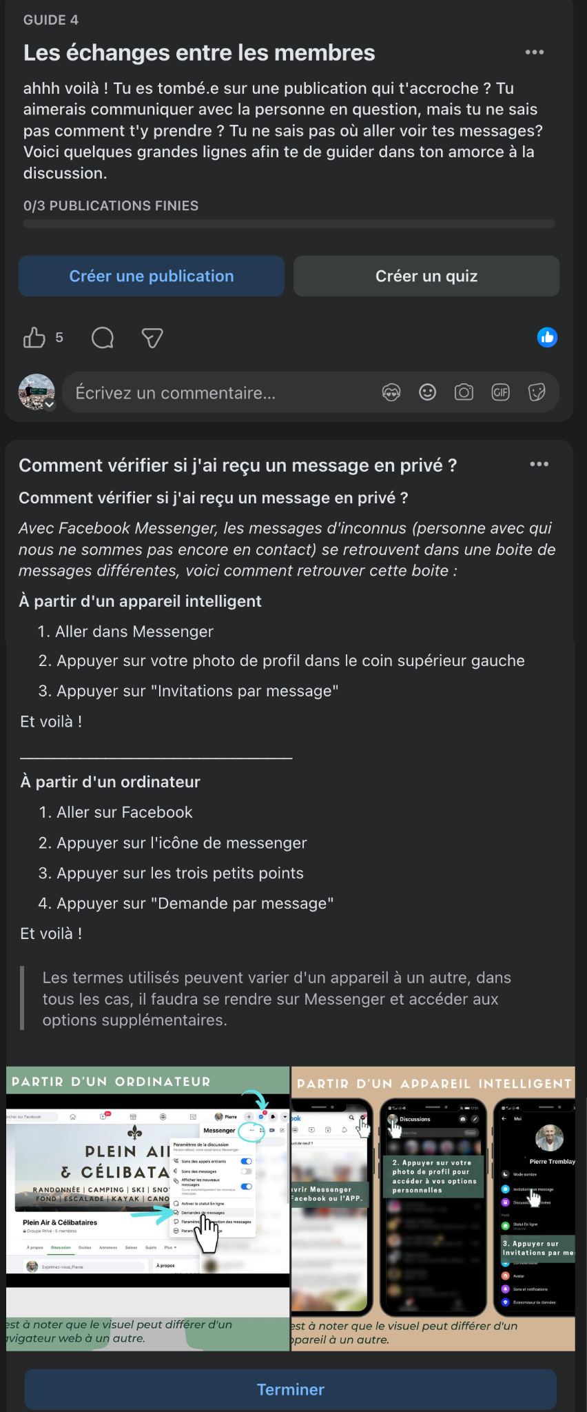 Guide visuel pour retrouver les invitations par message sur Messenger