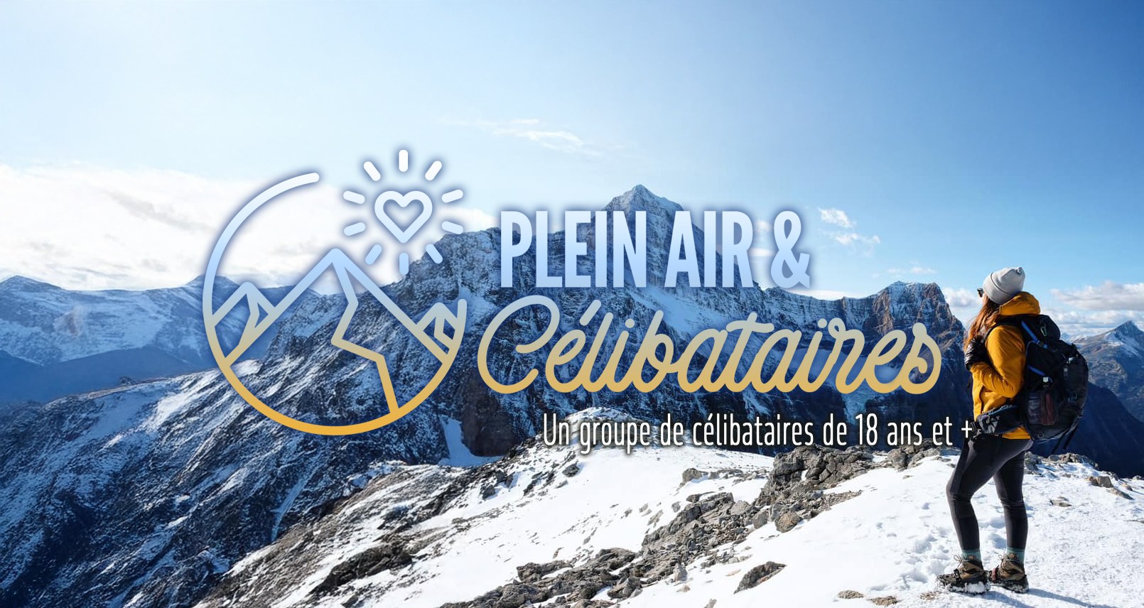 Image promotionnelle de Plein Air & Célibataires avec paysage de montagne enneigée et logo du groupe
